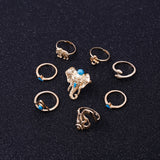 8pcs Gold or Silver Boho Retro Elephant Snake Blue Gem Stackable Midi Rings-UlGadget