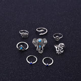 8pcs Gold or Silver Boho Retro Elephant Snake Blue Gem Stackable Midi Rings-UlGadget