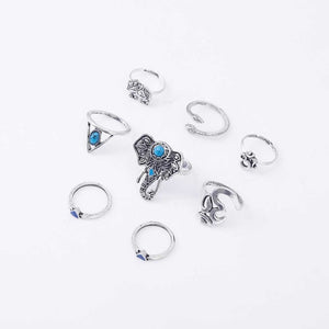 8pcs Gold or Silver Boho Retro Elephant Snake Blue Gem Stackable Midi Rings-UlGadget