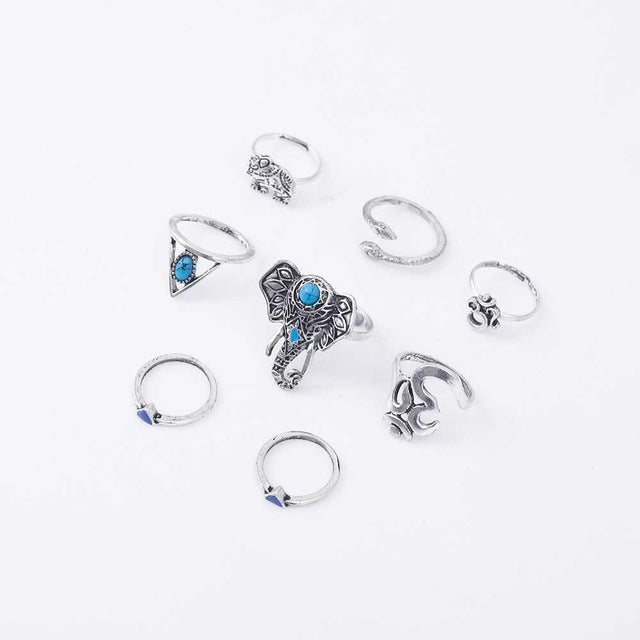 8pcs Gold or Silver Boho Retro Elephant Snake Blue Gem Stackable Midi Rings-UlGadget