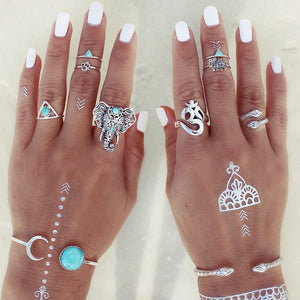 8pcs Gold or Silver Boho Retro Elephant Snake Blue Gem Stackable Midi Rings-UlGadget