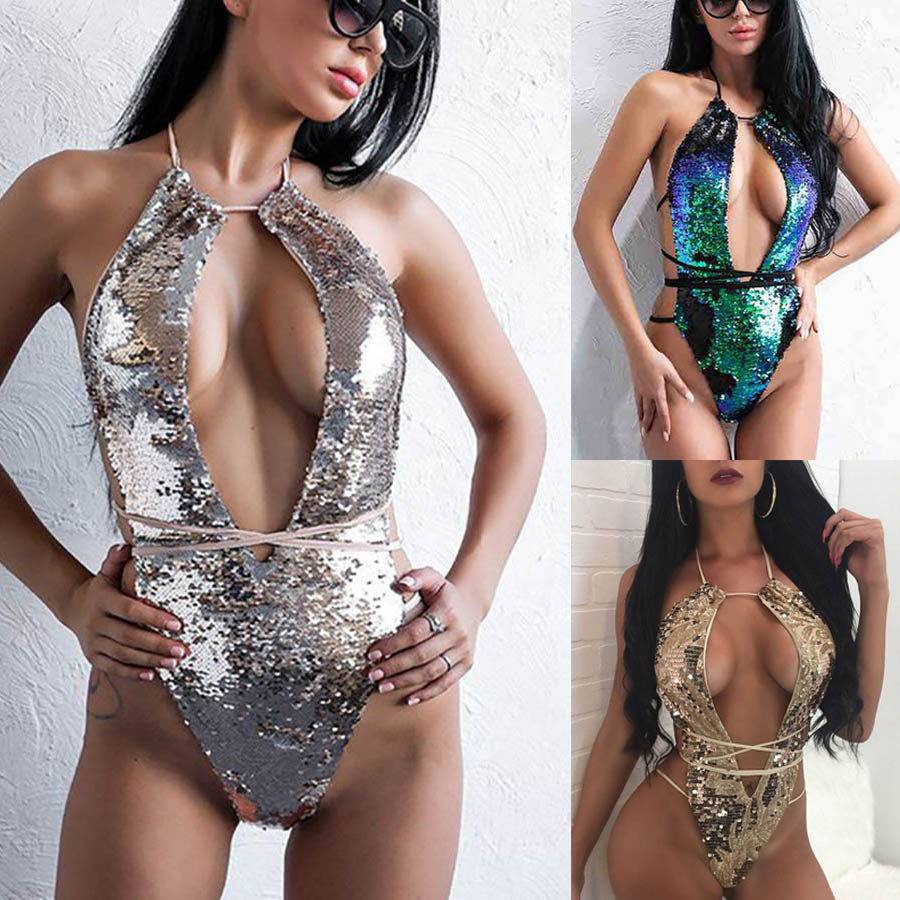 Women Sexy Sequins Deep V High Cut Cross One Piece Bikini-UlGadget