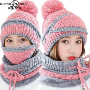 Beanie Knit Hat with Scarf and Mask Women Winter Warm Earmuffs Colorful-UlGadget