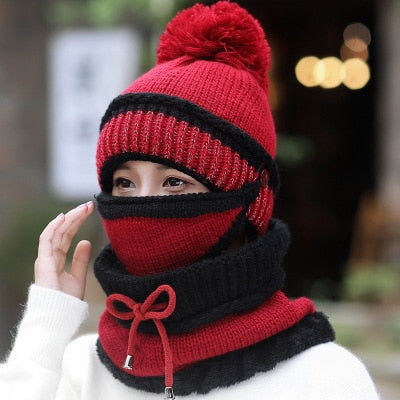 Beanie Knit Hat with Scarf and Mask Women Winter Warm Earmuffs Colorful-UlGadget