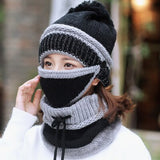 Beanie Knit Hat with Scarf and Mask Women Winter Warm Earmuffs Colorful-UlGadget