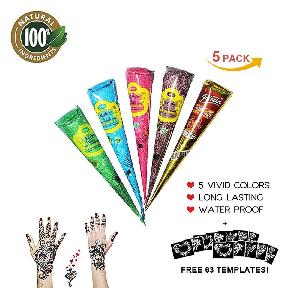 Newest Product 5 packs Natural Herbal Temporary Tattoo Kit Paste Cone Temporary Flash Tattoo Body Drawing Paint Art With Free 63 Templates-UlGadget