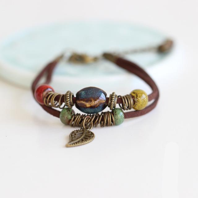 Bracelets Ceramic Leather Bracelet & Bangles Colorful Bead Leaf Pendant Bell 2018-UlGadget