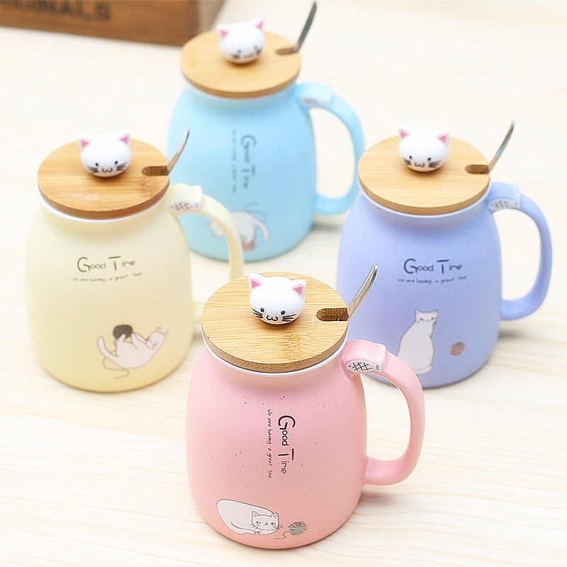 New sesame cat heat-resistant color cartoon with lid Kitty Kup kitten milk coffee ceramic mug children cup office gifts-UlGadget