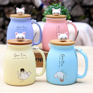 New sesame cat heat-resistant color cartoon with lid Kitty Kup kitten milk coffee ceramic mug children cup office gifts-UlGadget