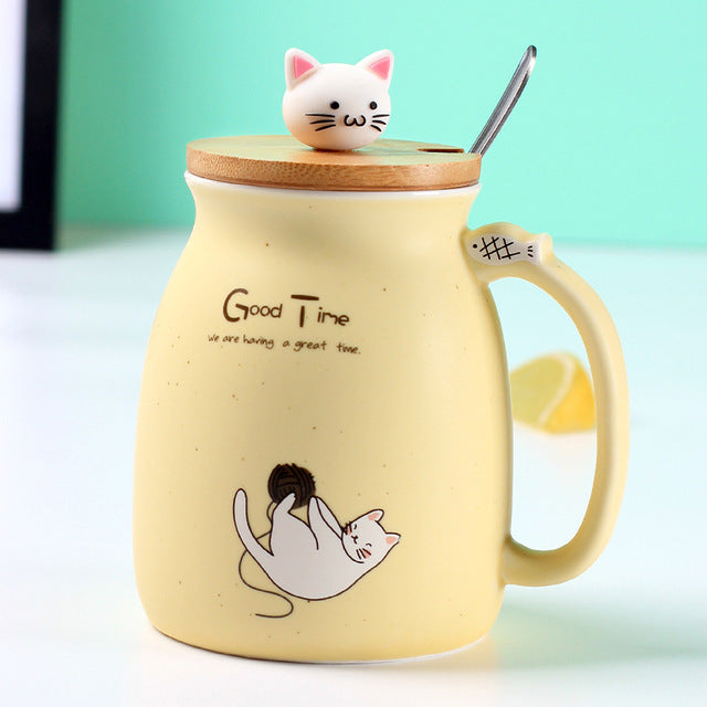 New sesame cat heat-resistant color cartoon with lid Kitty Kup kitten milk coffee ceramic mug children cup office gifts-UlGadget