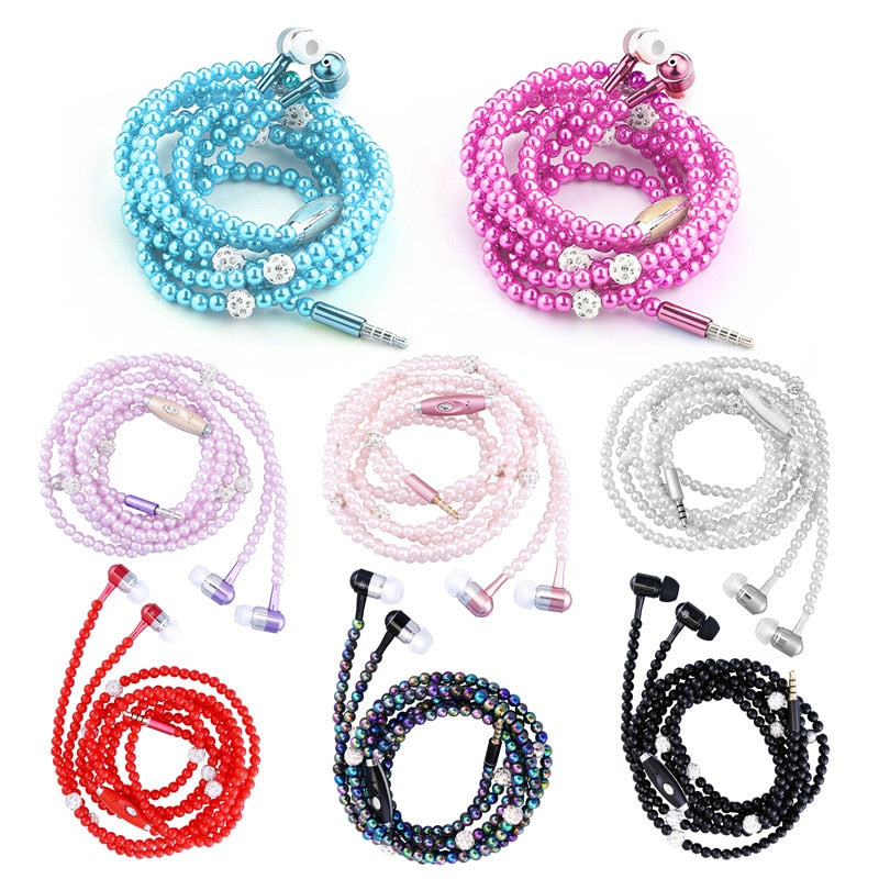 Pink girl Rhinestone Jewelry Pearl Necklace Earphones With Microphone Earbuds-UlGadget