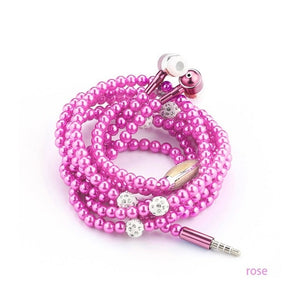 Pink girl Rhinestone Jewelry Pearl Necklace Earphones With Microphone Earbuds-UlGadget