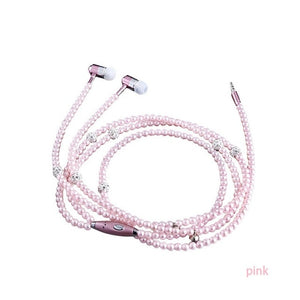 Pink girl Rhinestone Jewelry Pearl Necklace Earphones With Microphone Earbuds-UlGadget