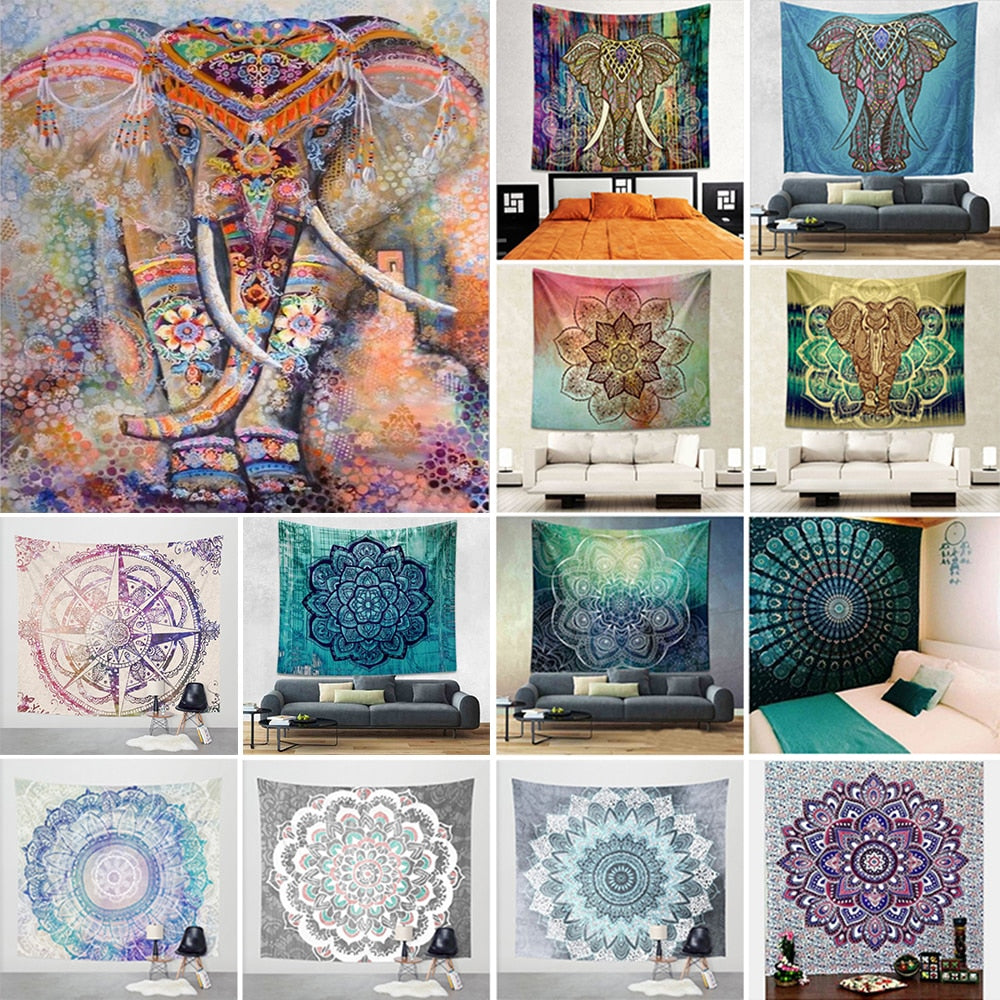 Bohemian Room Decor or Curtains Yoga Elephant Mandala Tapestry-UlGadget