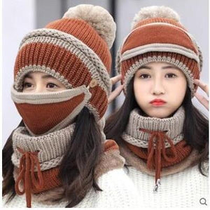 Beanie Knit Hat with Scarf and Mask Women Winter Warm Earmuffs Colorful-UlGadget