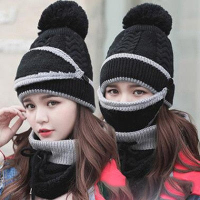 Beanie Knit Hat with Scarf and Mask Women Winter Warm Earmuffs Colorful-UlGadget